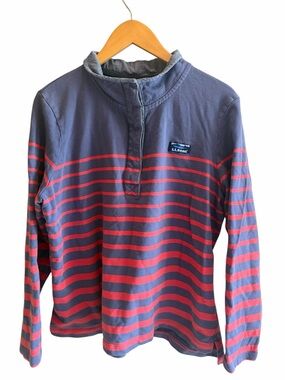 LL Bean Women’s Striped Rugby Henley Pullover Sweatshirt Blue Red XL Petite